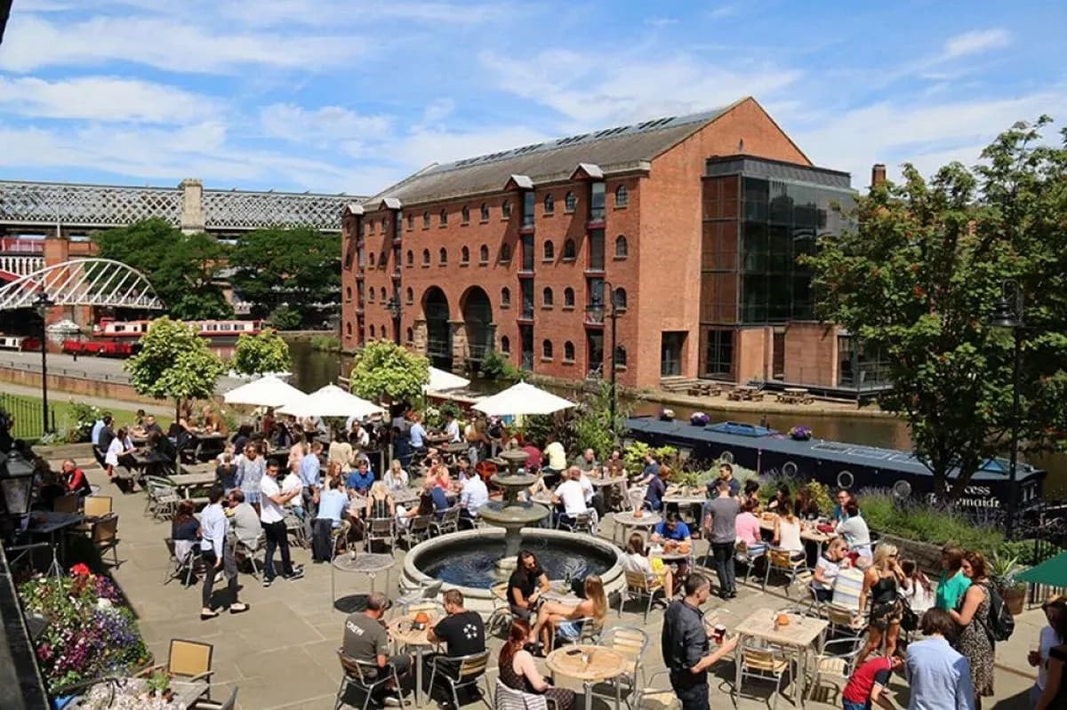 Guests enjoy a sunny outdoor terrace for a business lunch or networking event by a historic canal in Bristol.