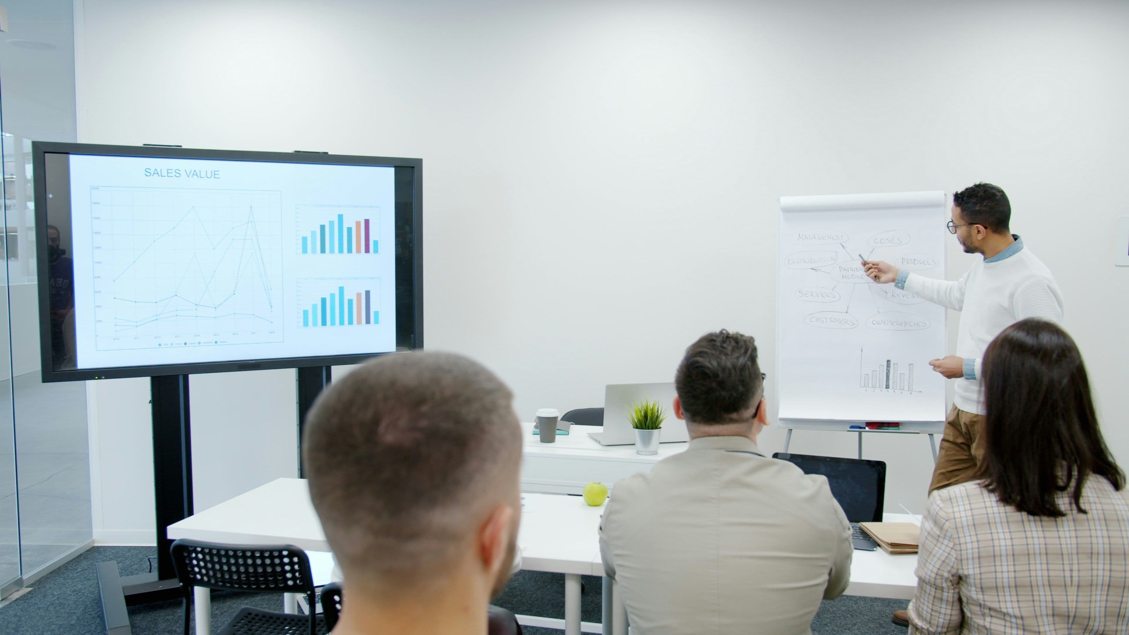 Presenter leads a corporate workshop in a modern meeting room with a digital screen and flipchart.