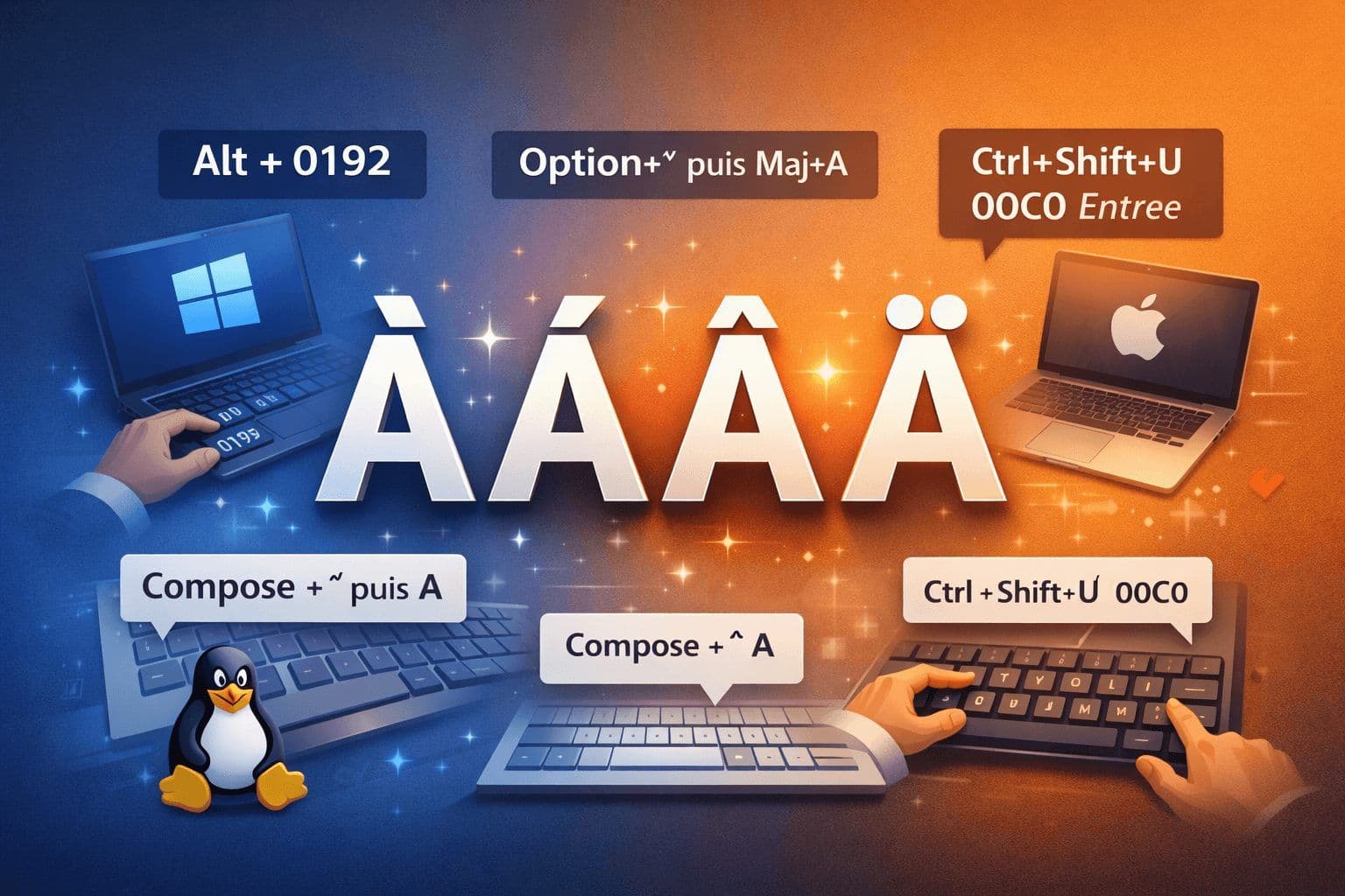 Illustration showing keyboard shortcuts for typing accented 'A' characters on Windows, macOS