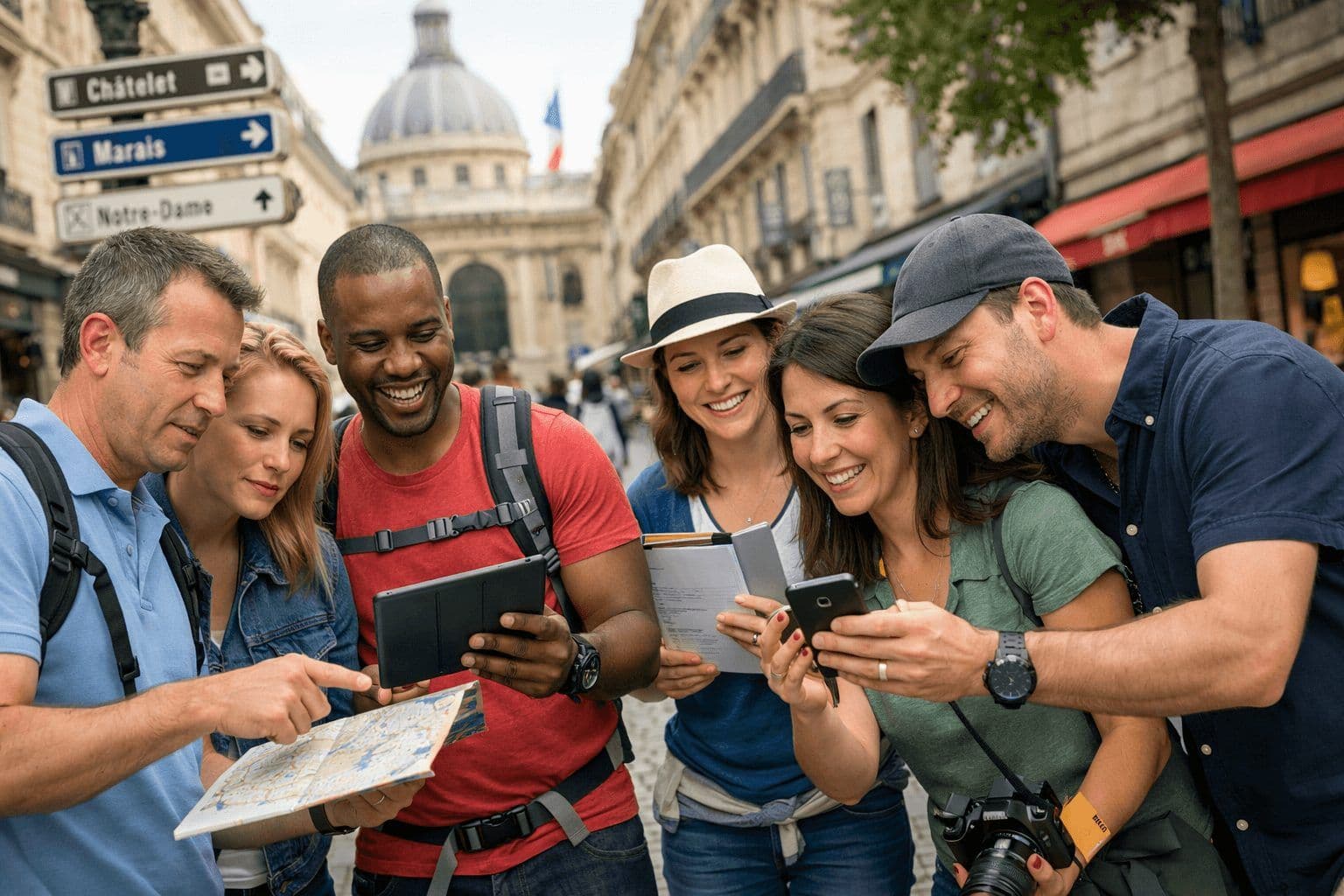 Six smiling colleagues navigate Paris streets with maps and phones for an outdoor team building activity.