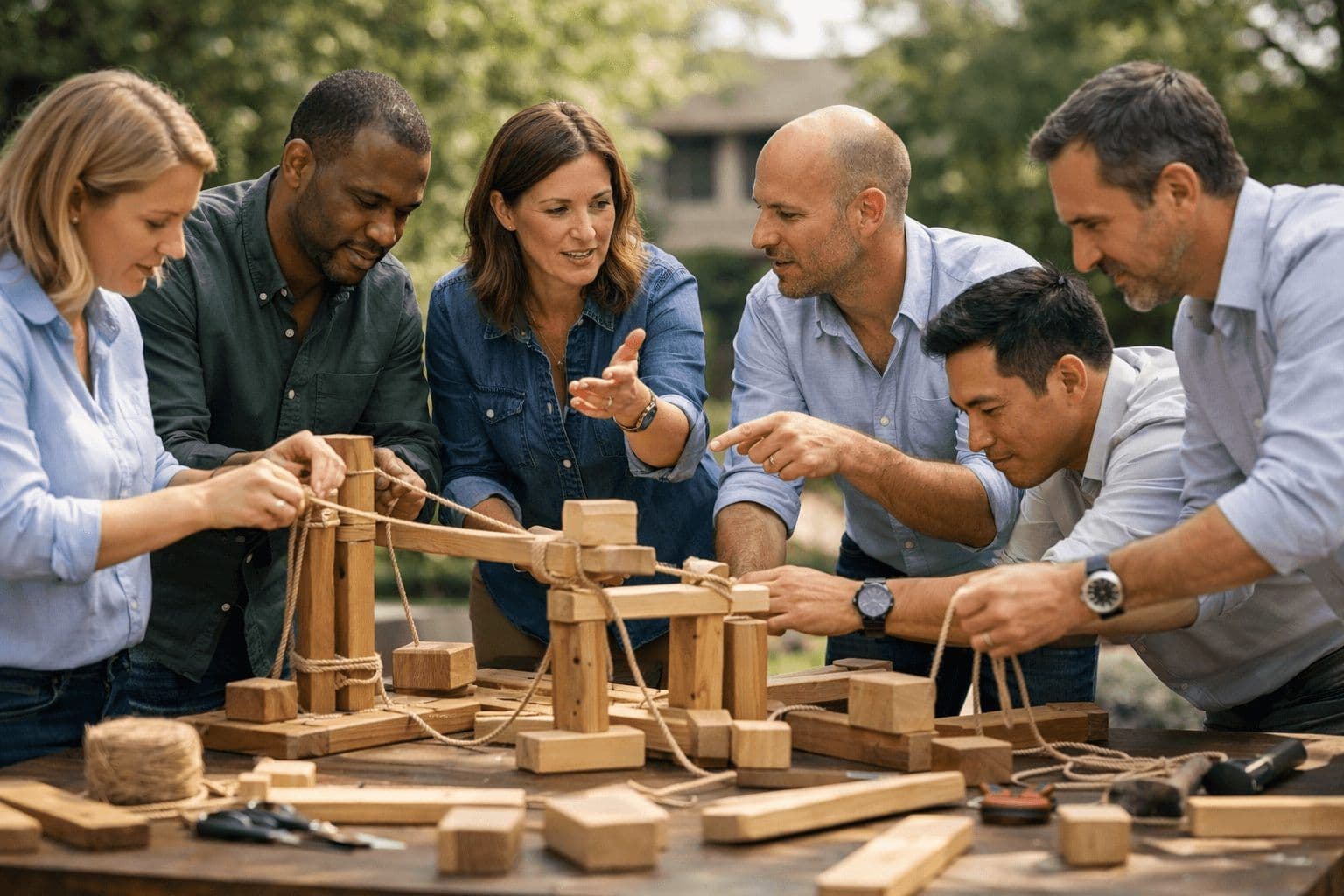 Professionals engage in an outdoor team building activity, constructing a structure with wood and rope.