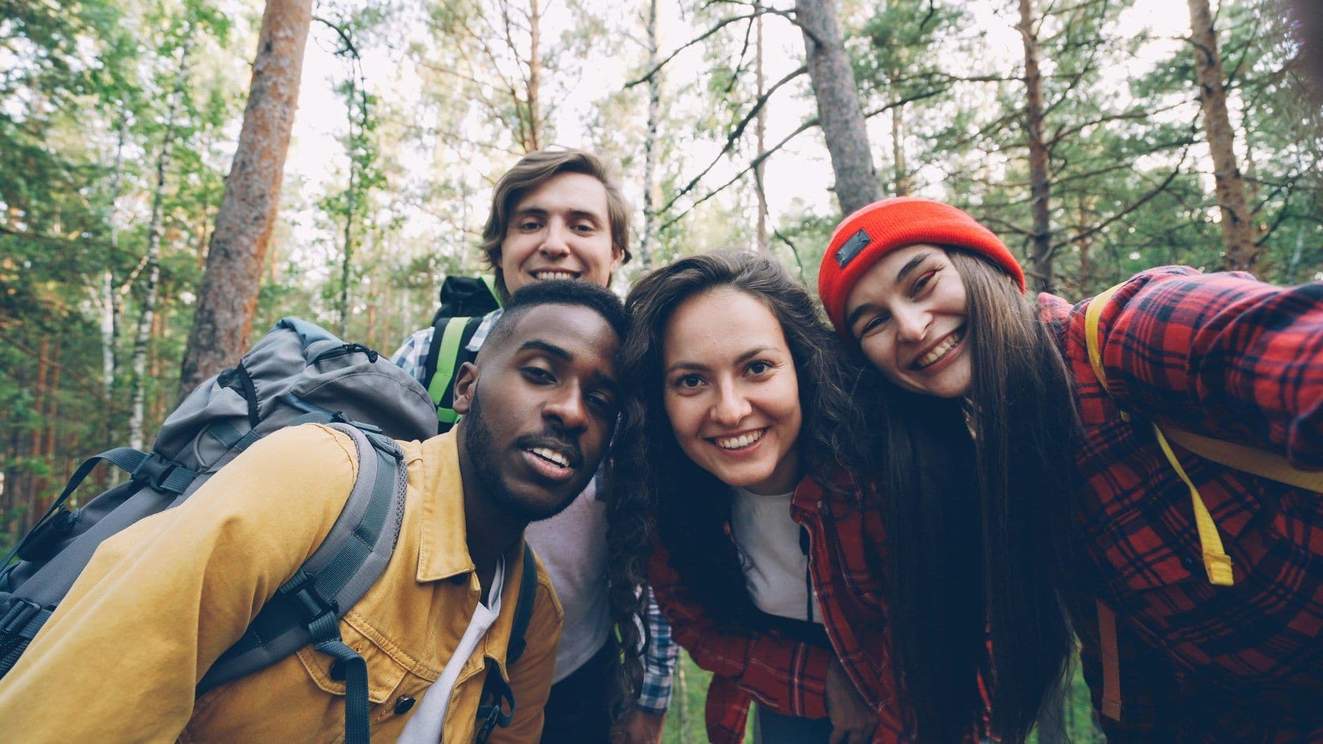 Four smiling colleagues take a selfie during an outdoor team building activity in a lush forest.