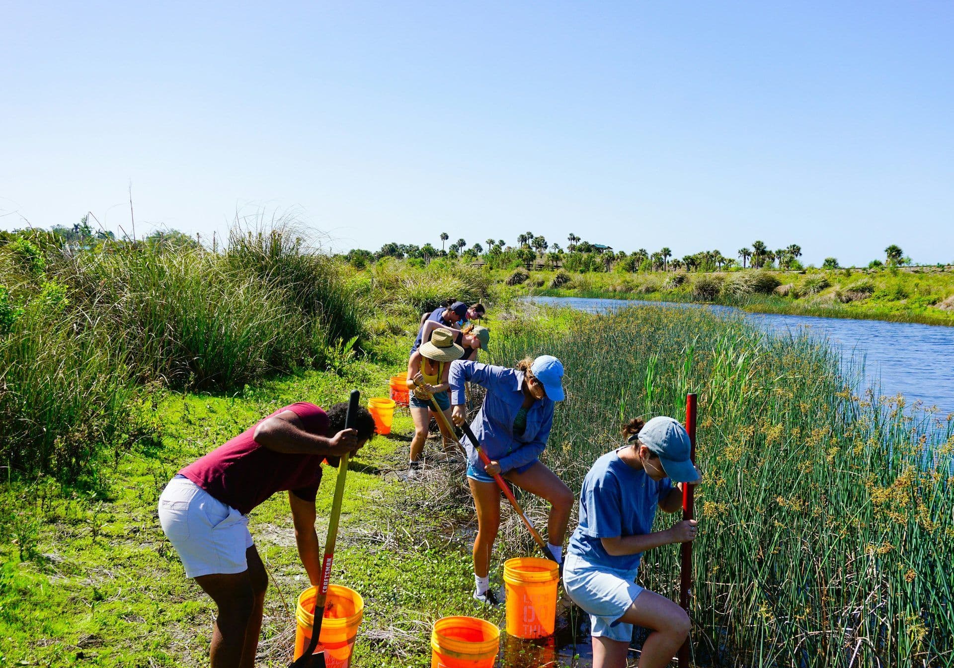 Team building group engaged in an outdoor activity, shoveling by a river with tall reeds.