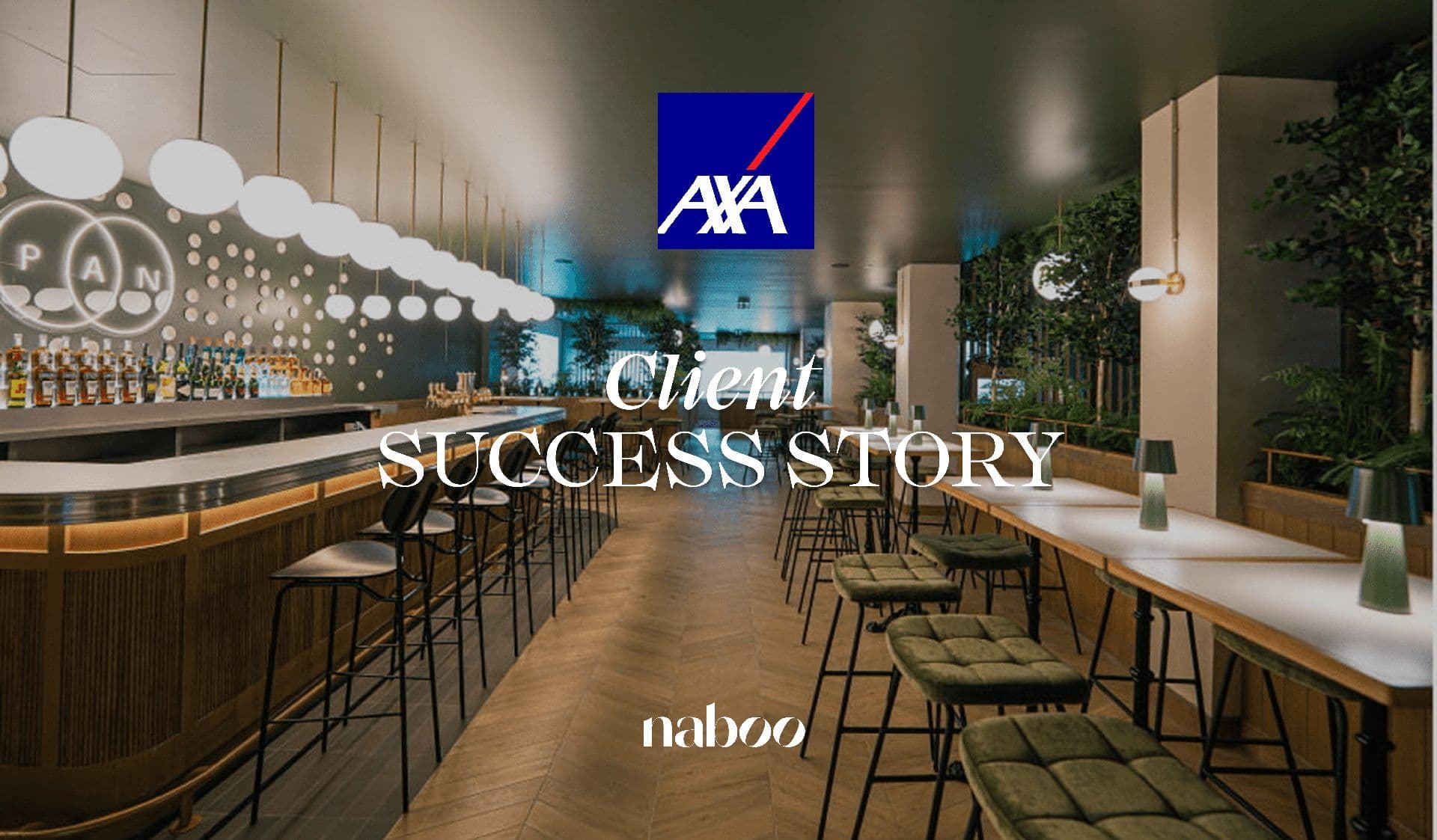 Modern corporate event venue with a sleek bar, comfortable seating, and natural plant decor.