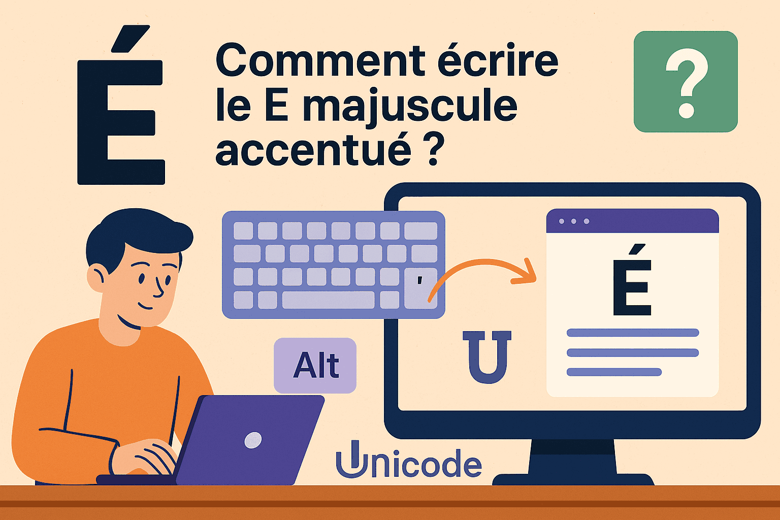 A person typing on a laptop, with a monitor displaying instructions on how to type an accented capital 'É'