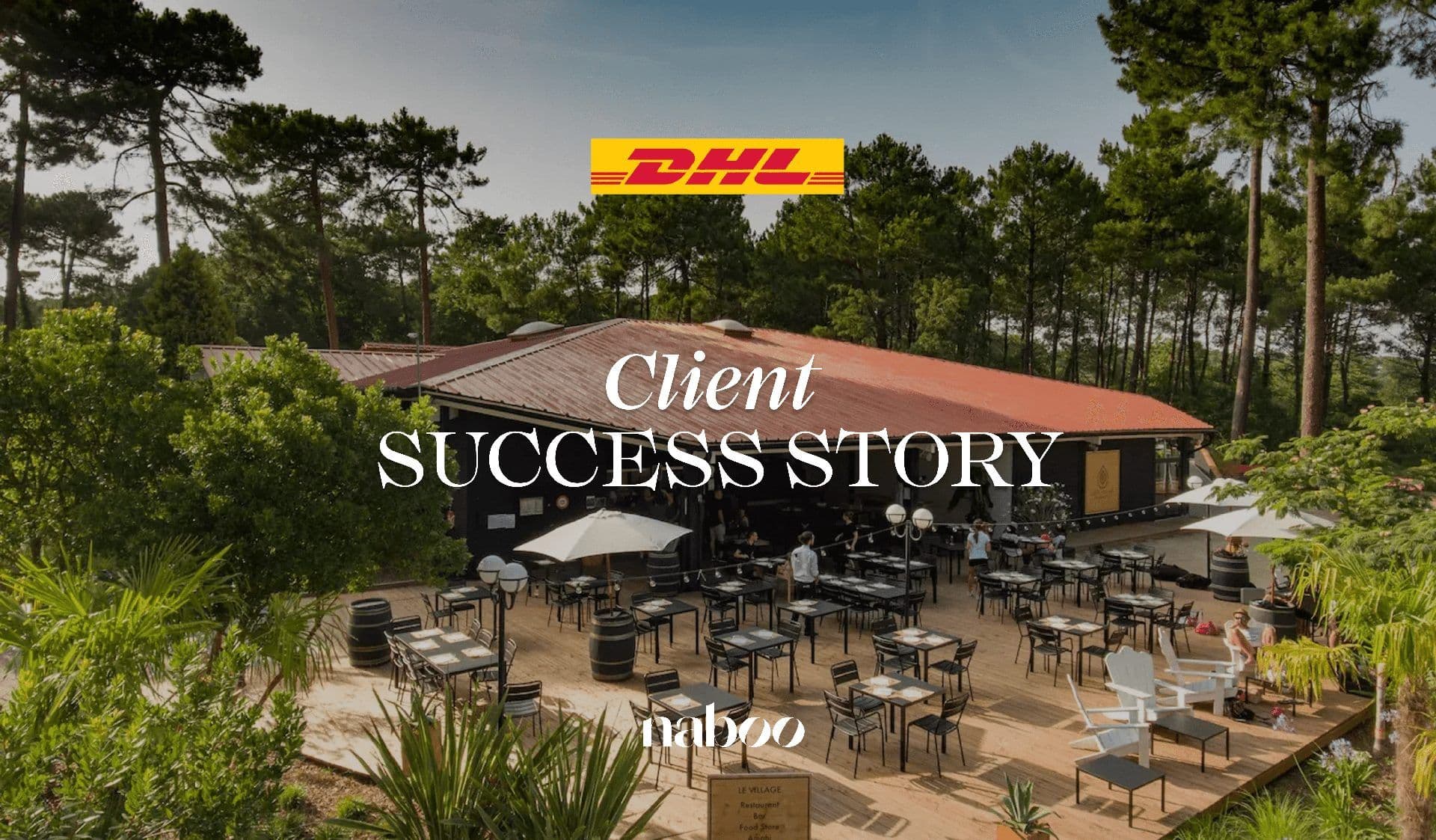 An outdoor corporate event venue with dining tables, umbrellas, and trees