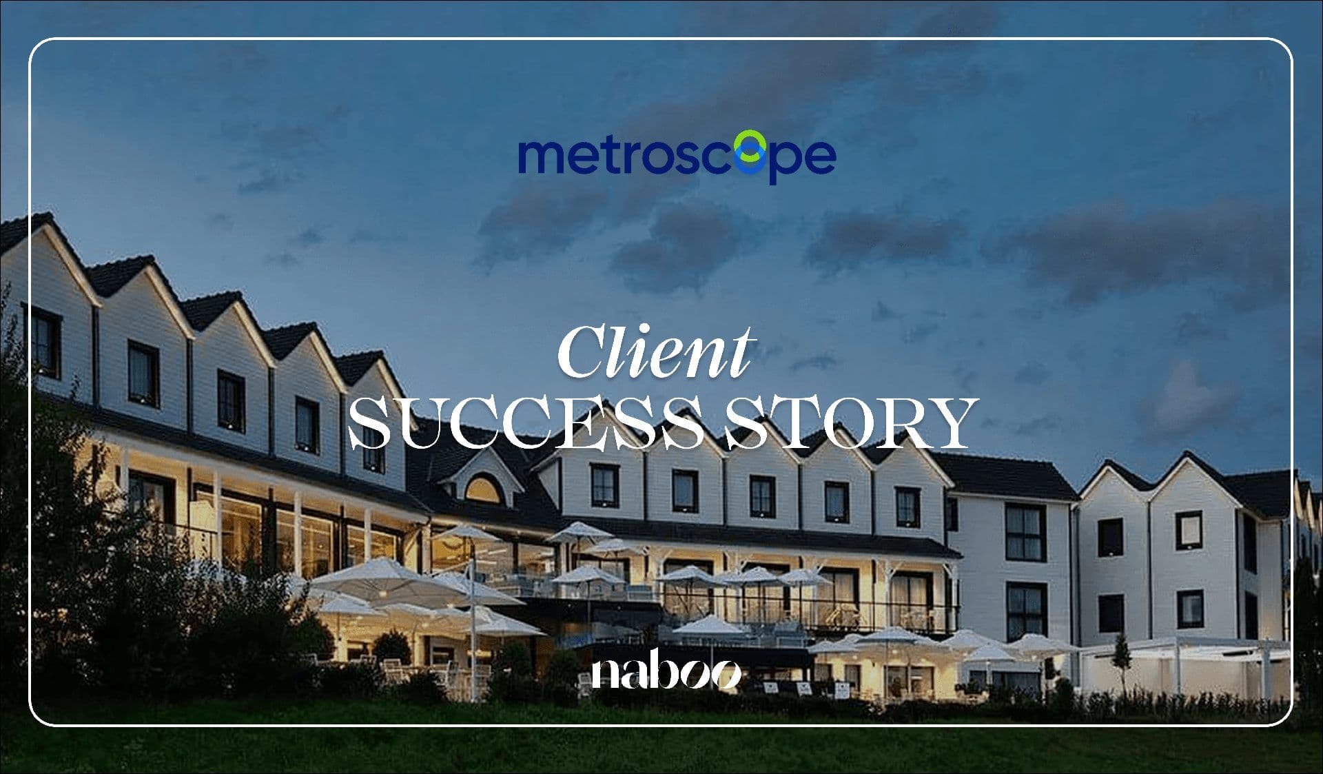 Modern corporate event venue featuring illuminated outdoor terraces with umbrellas and seating at dusk.