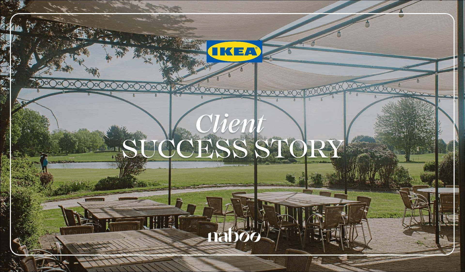 Outdoor terrace event space with shaded tables and chairs, overlooking a scenic golf course.