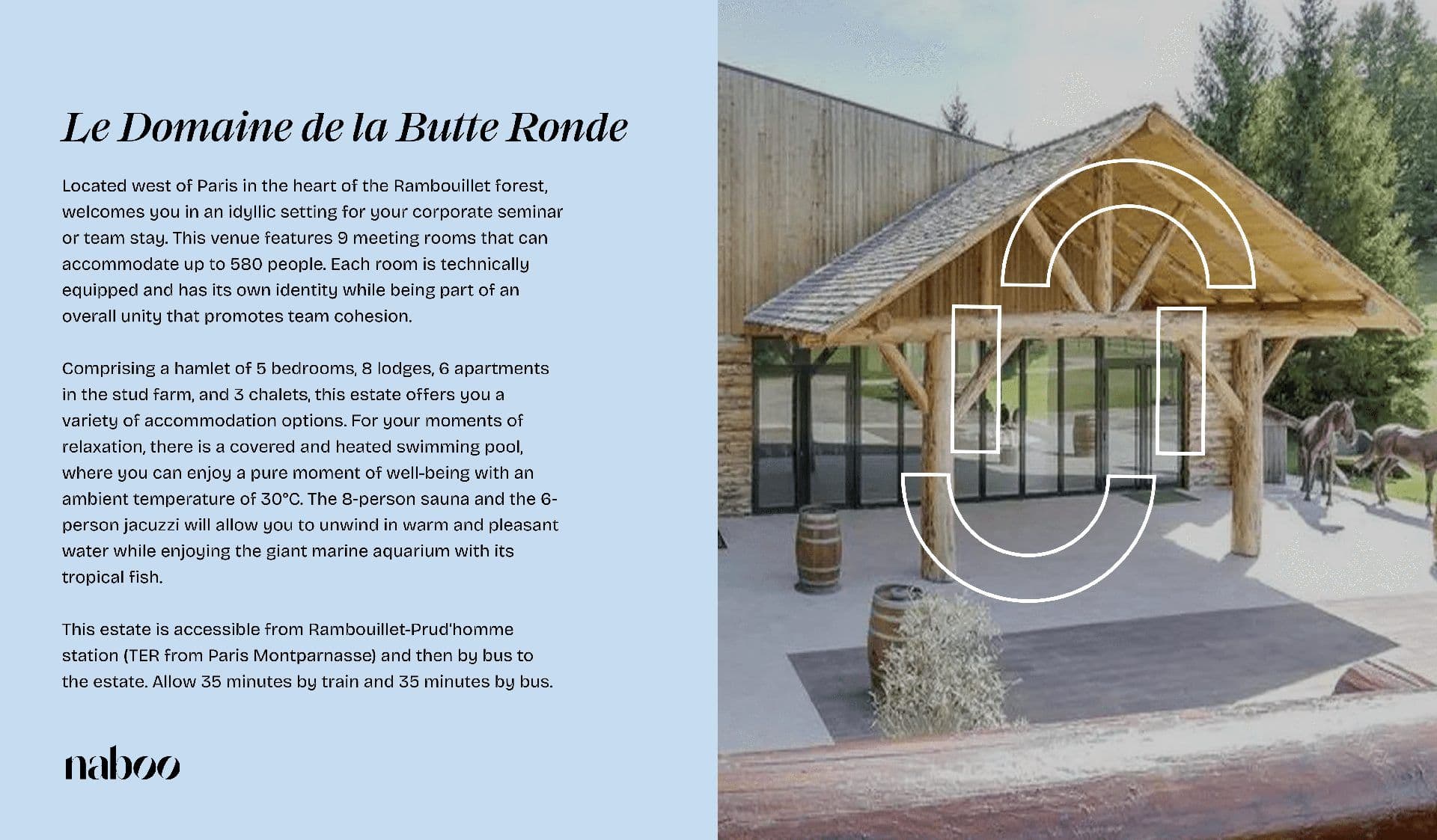 Rustic wooden corporate event venue with large glass doors in the Rambouillet forest near Paris.