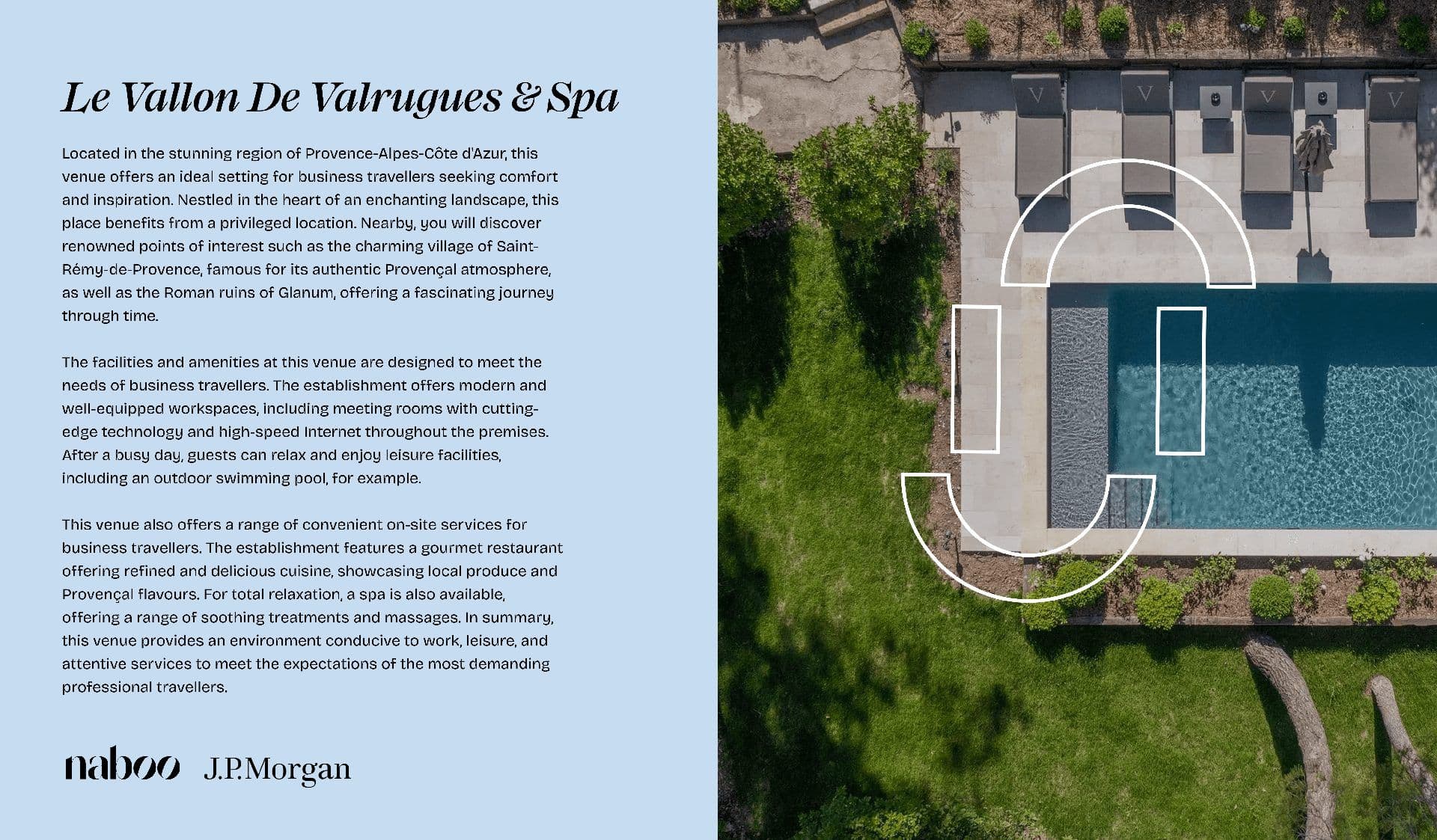 Aerial view of an outdoor swimming pool with lounge chairs and green landscaping in Provence, France.