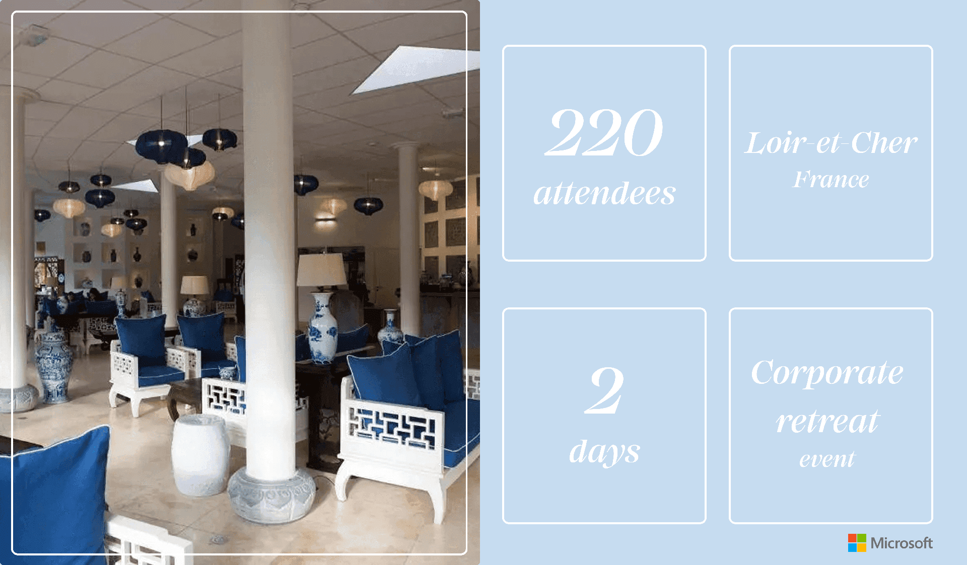 Spacious corporate event lounge with blue and white decor