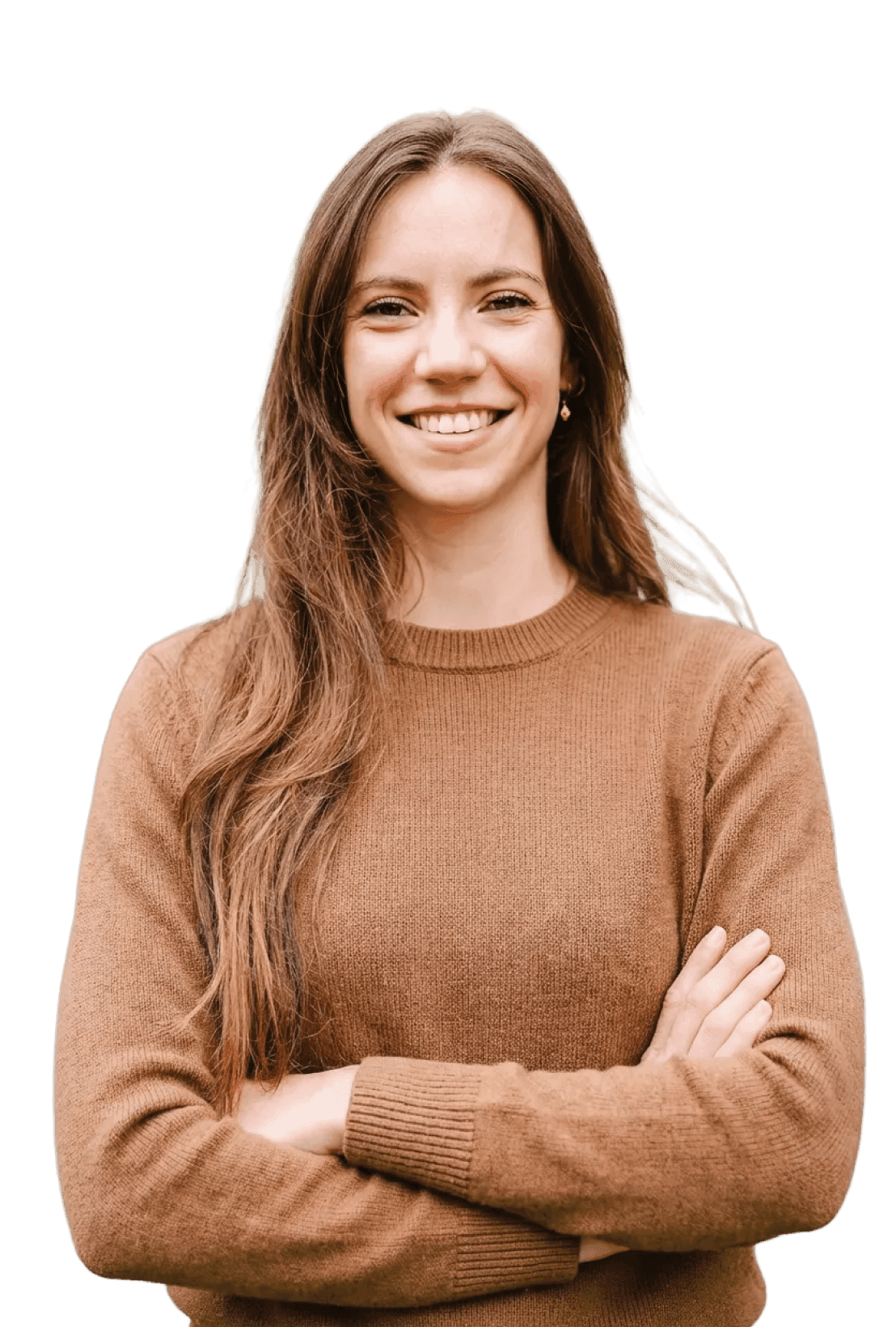 Smiling woman with long brown hair and brown sweater, arms crossed, ready to assist with corporate events.