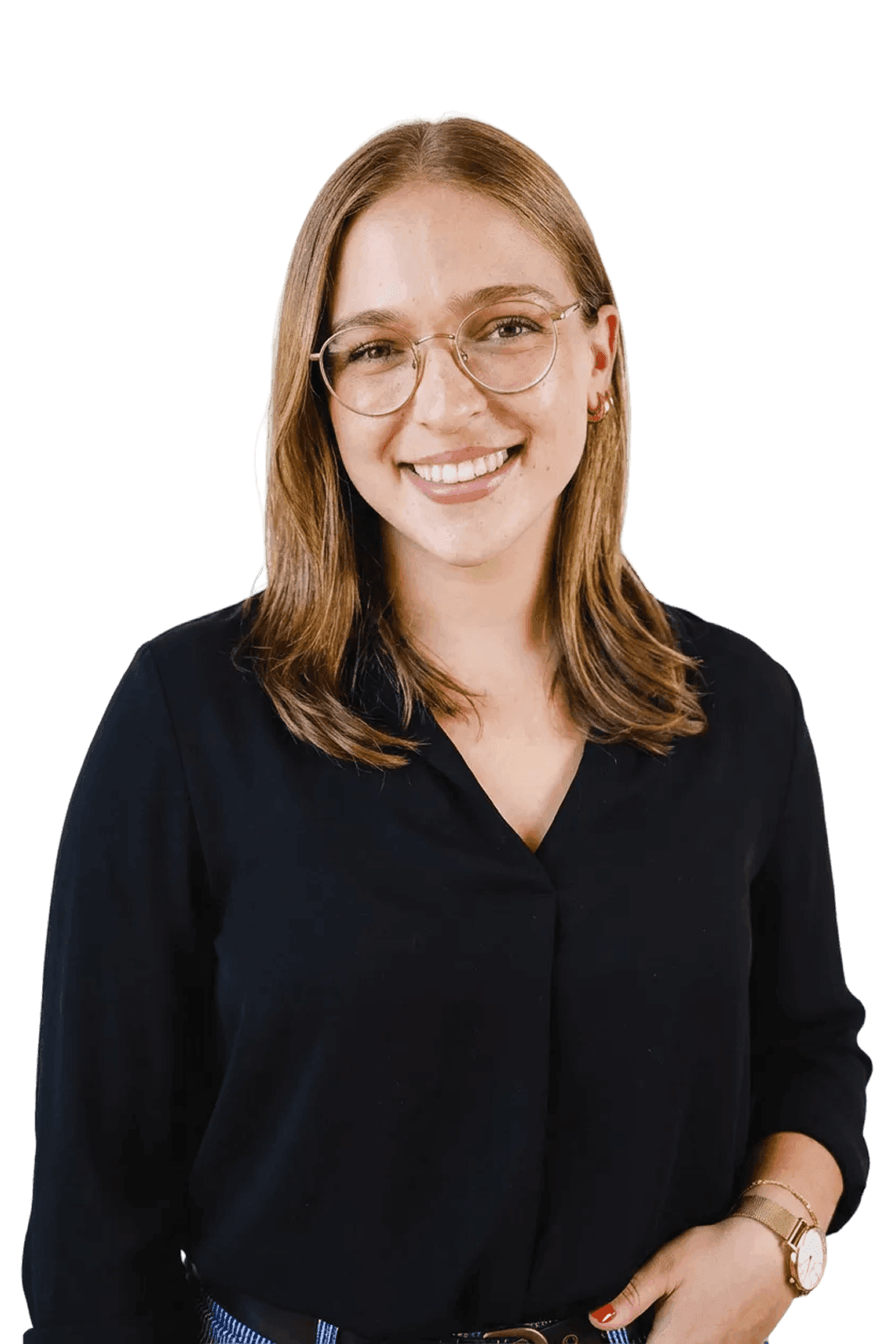 A smiling woman with light brown hair and glasses, wearing a black shirt.