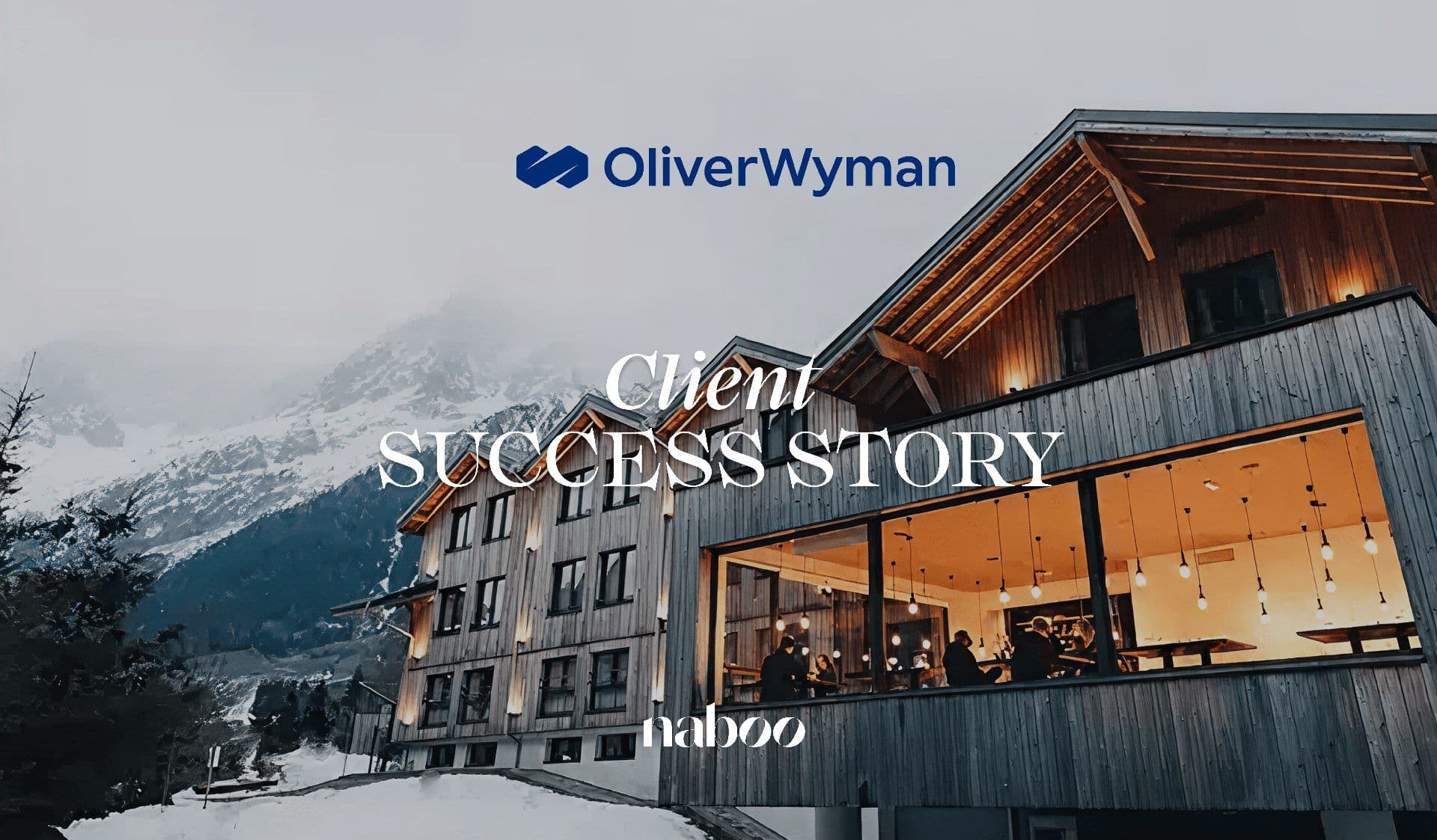 Modern wooden lodge in snowy mountains with an illuminated interior space for corporate events.