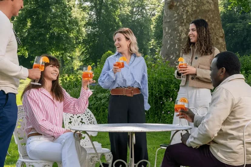 Five colleagues enjoy orange cocktails at an outdoor garden event space, perfect for a corporate retreat.