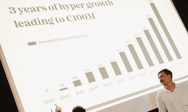A presenter stands before a large screen displaying a bar chart of corporate growth during a business seminar.