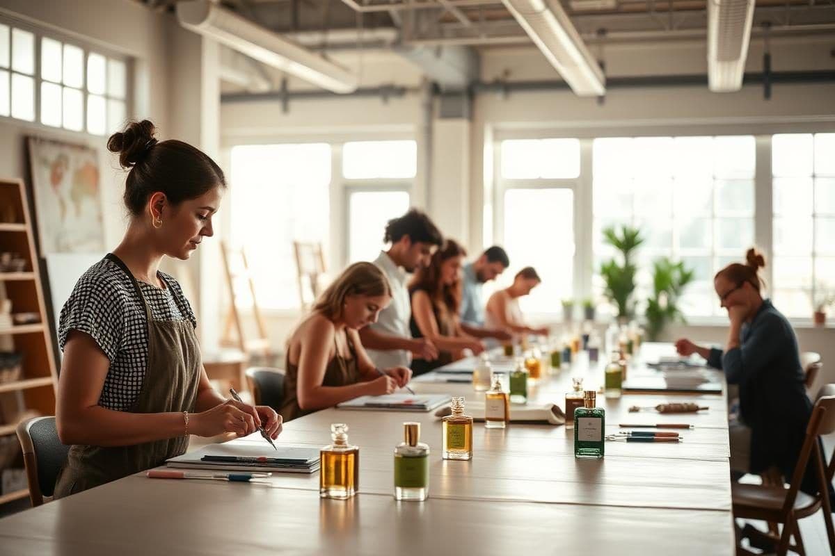 Attendees engage in a perfume blending workshop, a unique team building activity in a modern event space.