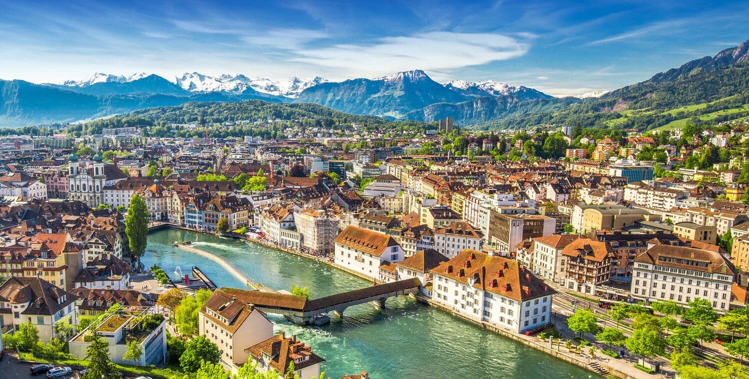 Aerial view of Lucerne, Switzerland, with the Reuss River, Chapel Bridge, historic buildings