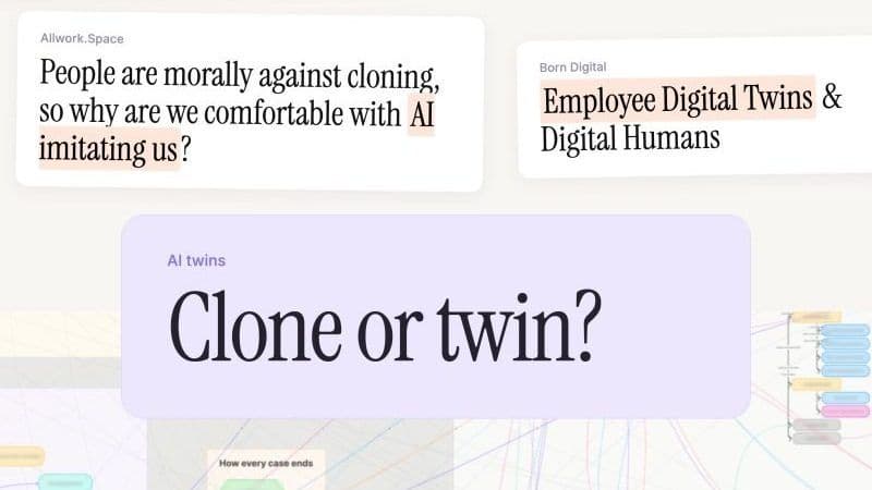 AI twins: clone or twin? Headlines about AI clones and employee digital twins above the question clone or twin