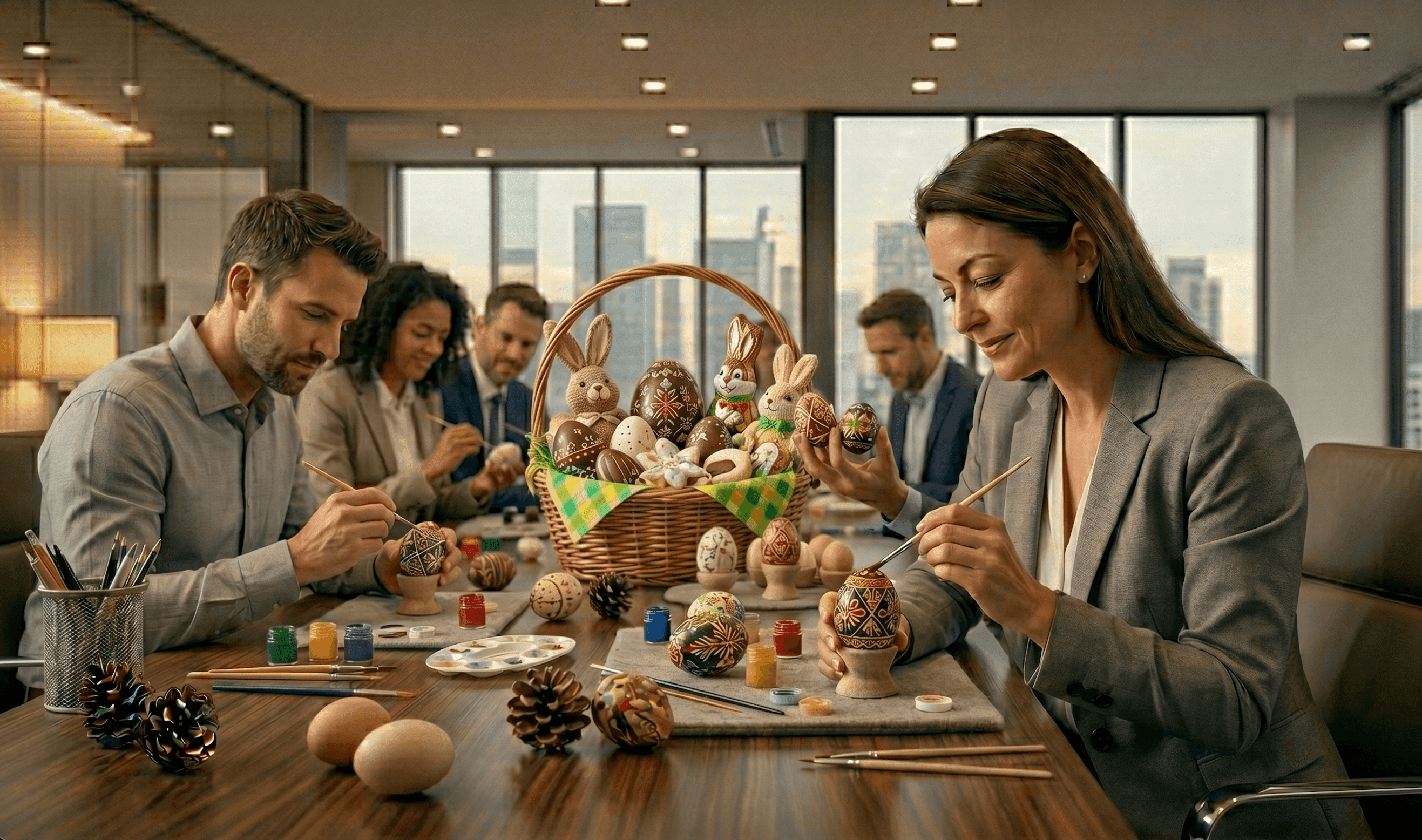 Colorful Easter eggs and team members participating in Easter team building activities together