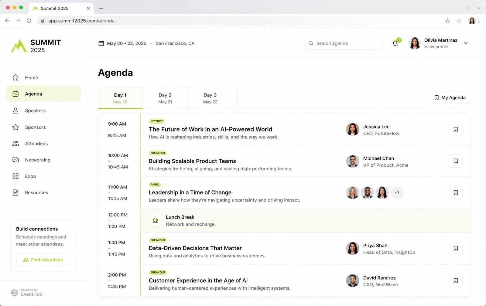 Desktop view of a corporate event agenda for Summit 2025 in San Francisco, California.