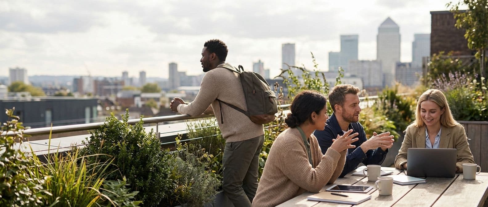 Diverse team collaborating on a rooftop terrace with London's Canary Wharf skyline