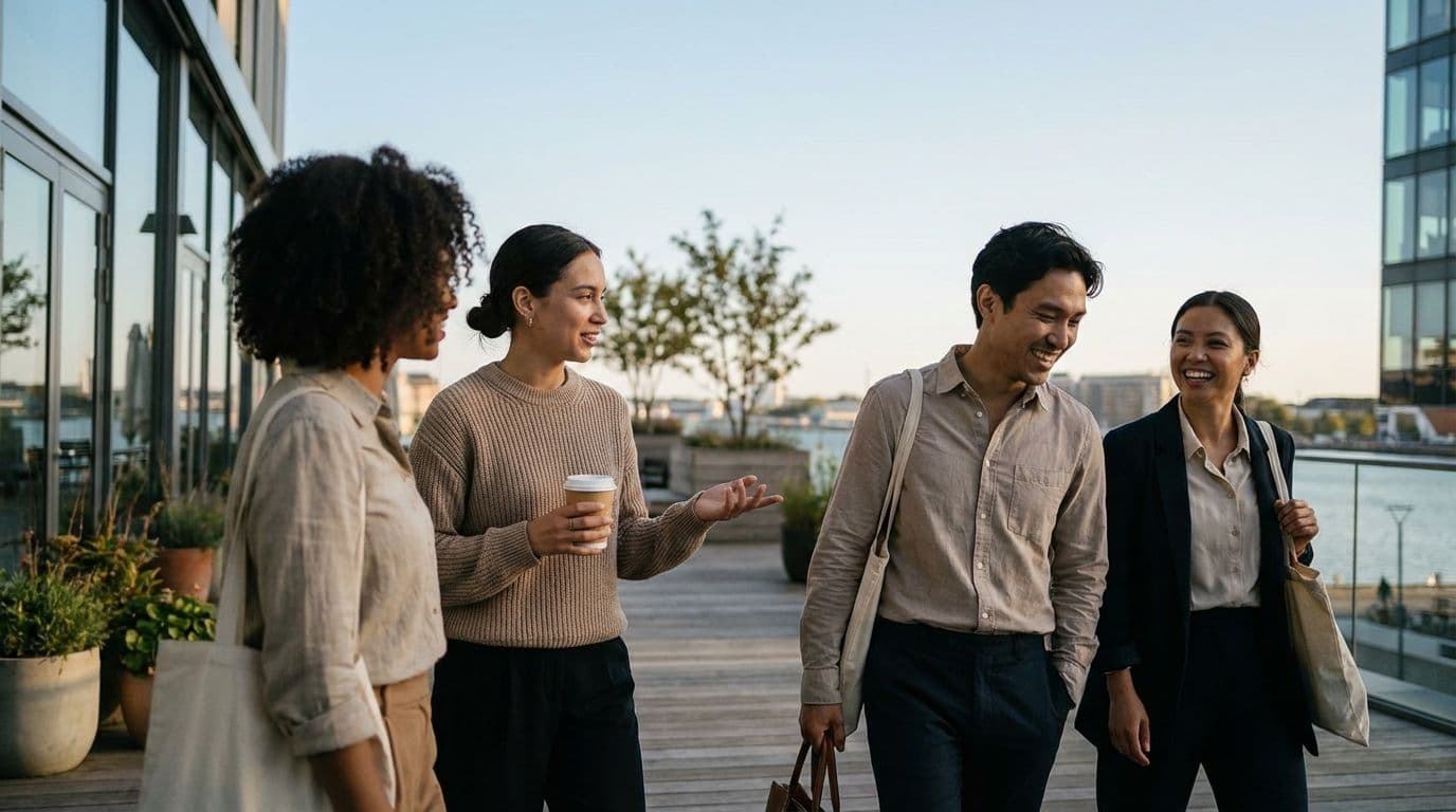 Colleagues enjoy a casual conversation on an outdoor event space, perfect for corporate networking.