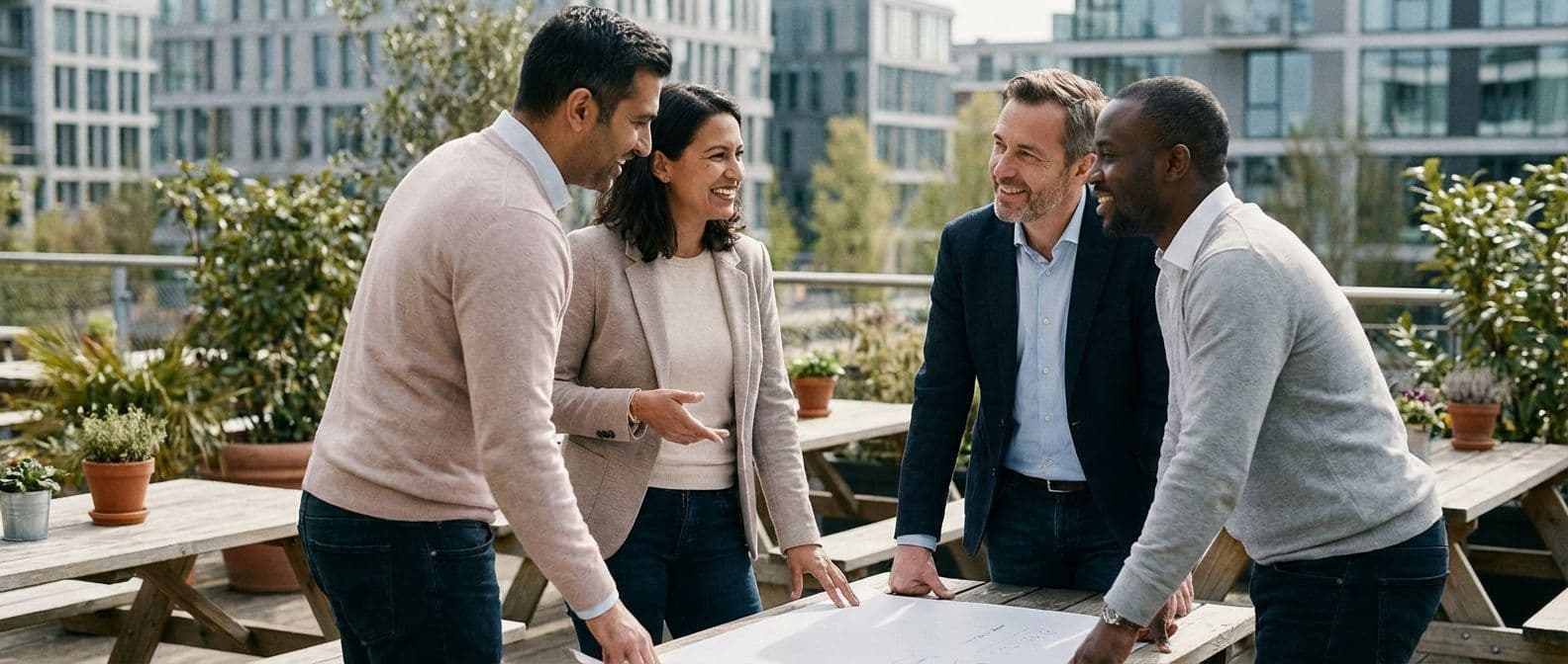 Four diverse professionals discuss plans at an outdoor rooftop terrace venue for a corporate event.