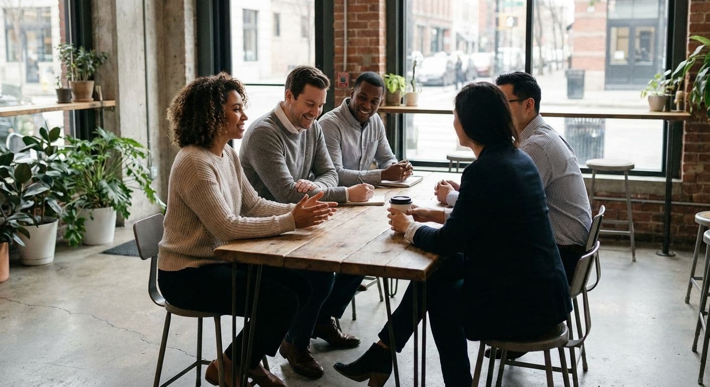 Five diverse professionals meet at a wooden table in a modern cafe-style corporate event venue.