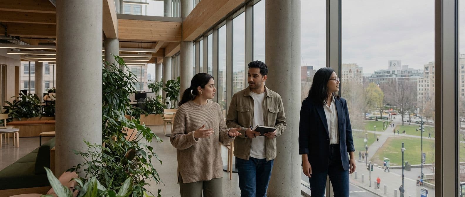 Three colleagues walk and talk in a bright, plant-filled corporate event space with city views.