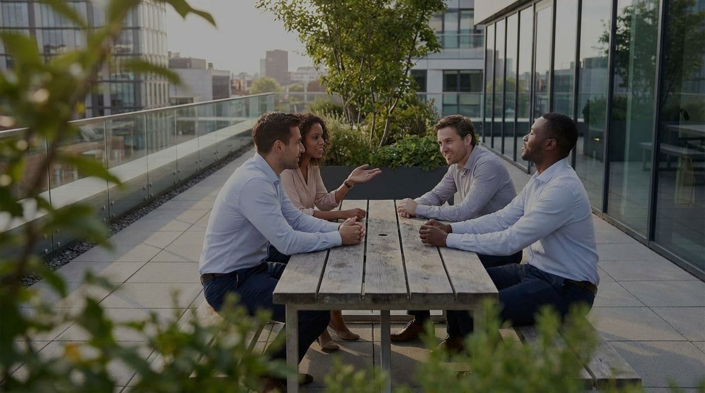 Four professionals hold an informal meeting on a sunny rooftop terrace, ideal for a team offsite.