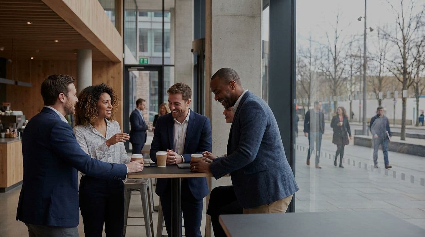 Diverse business professionals network over coffee in a modern corporate event venue lobby.
