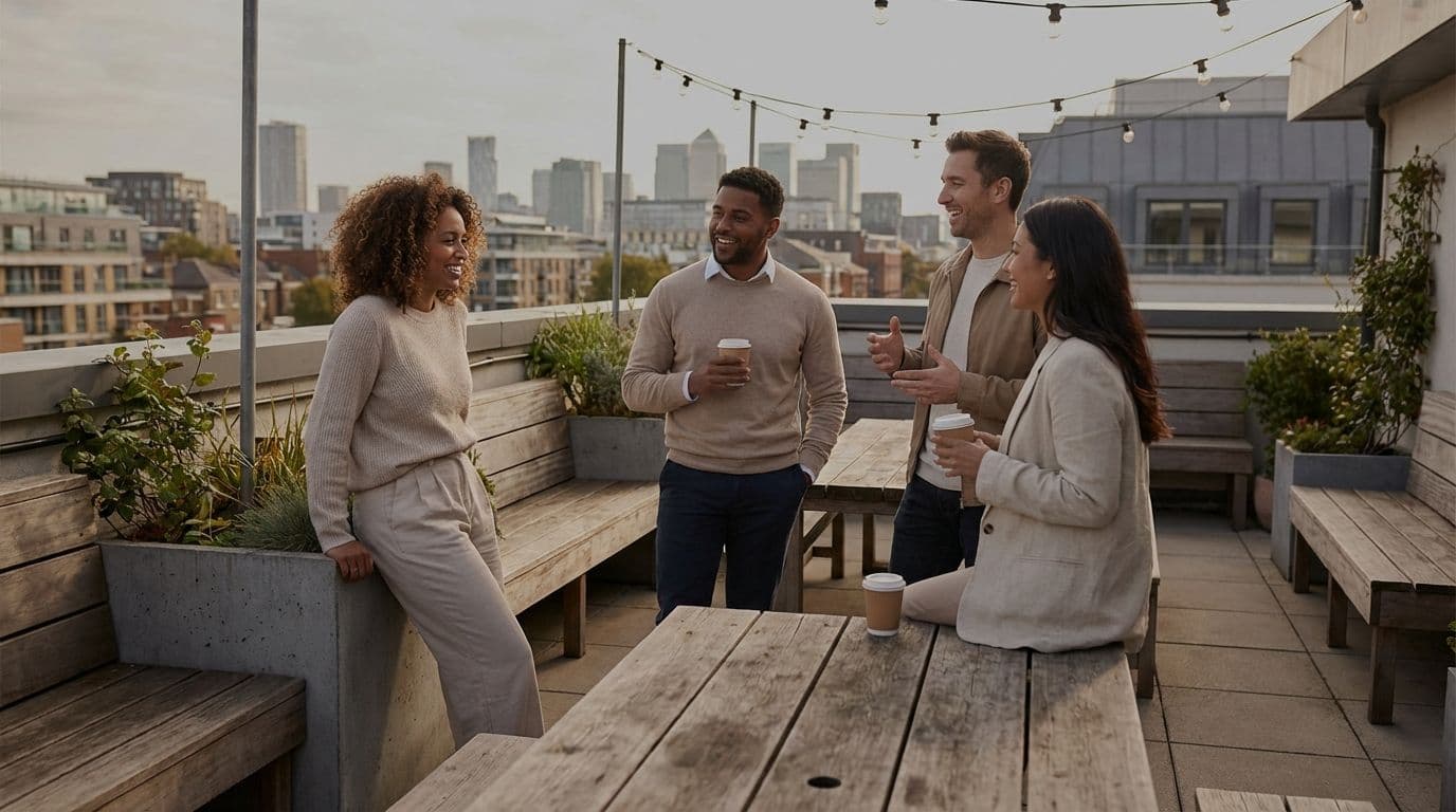 Four colleagues enjoy coffee and conversation on a London rooftop terrace with city skyline views.