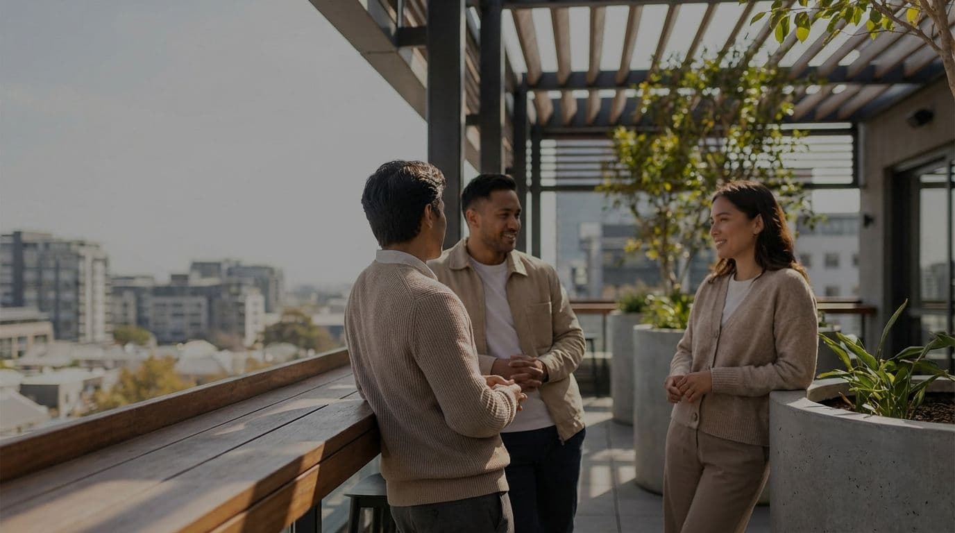 Three professionals networking on a modern rooftop terrace venue with a city skyline.