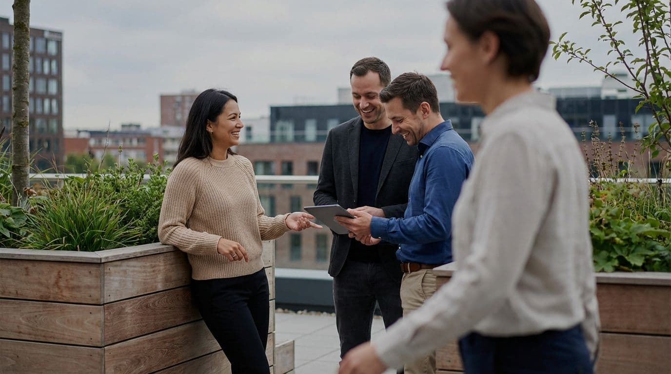 Four business professionals collaborate on a tablet at a modern rooftop event space.
