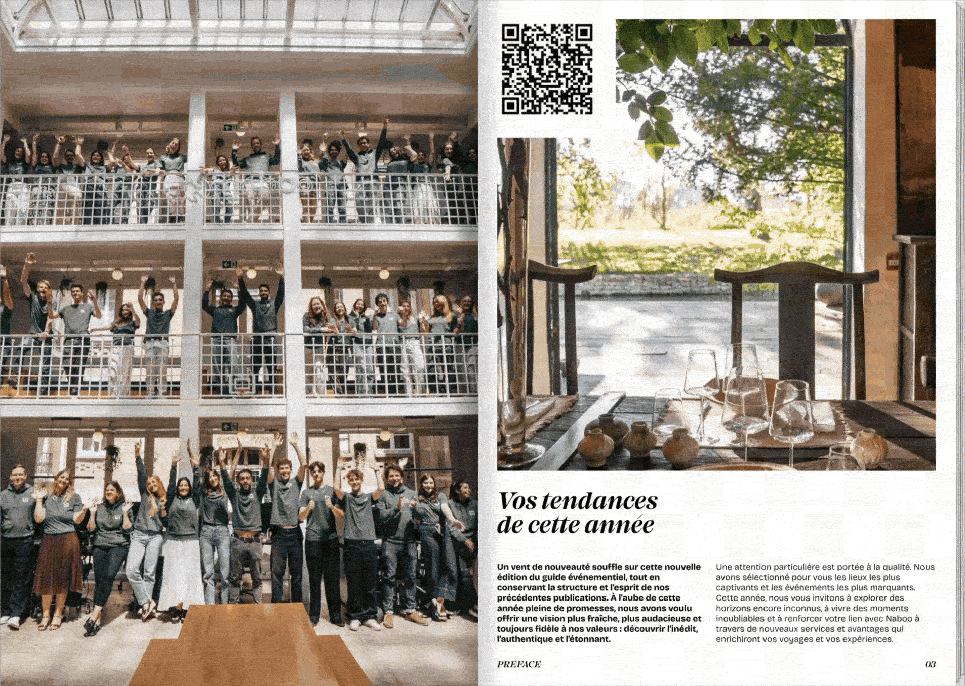 Magazine spread showing team celebration on multi-level balconies and riverside dining venue with QR code