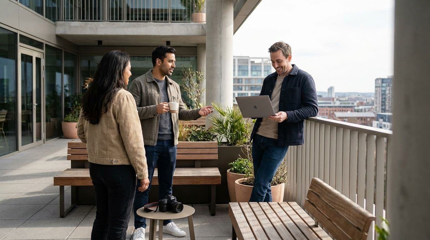 Three colleagues discuss on a modern rooftop terrace with a city view, perfect for a corporate offsite.
