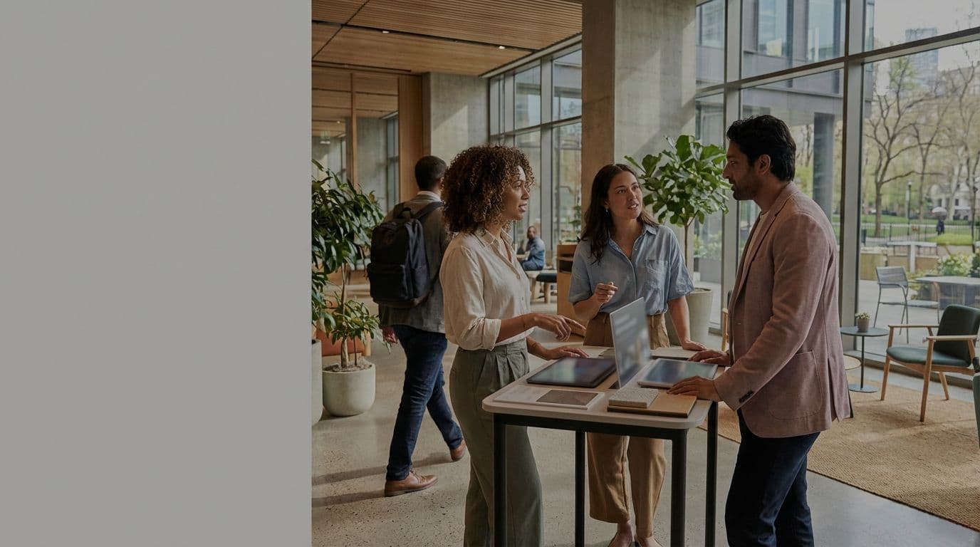 Three colleagues network around a table with laptops in a bright, modern corporate event venue.