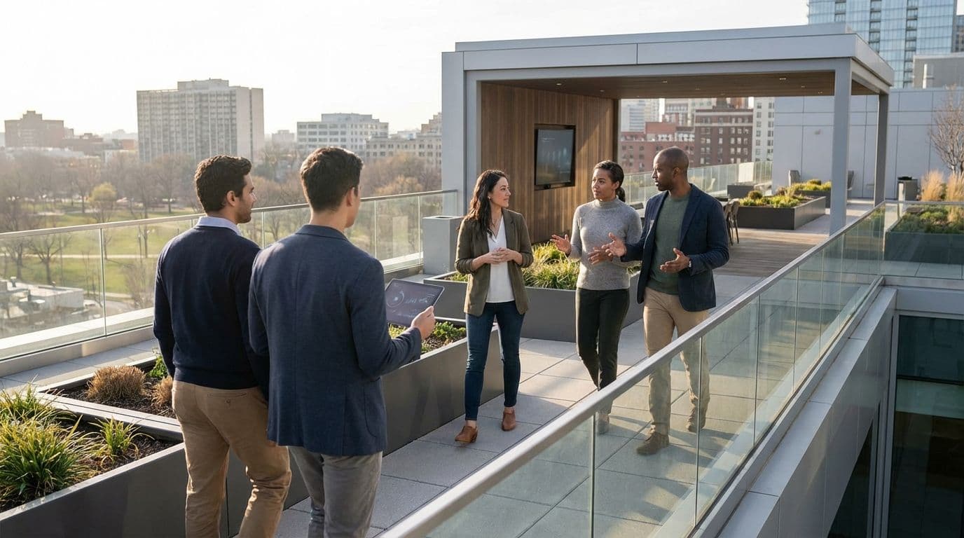 Four professionals discuss on a modern rooftop terrace with city views, ideal for a corporate offsite.