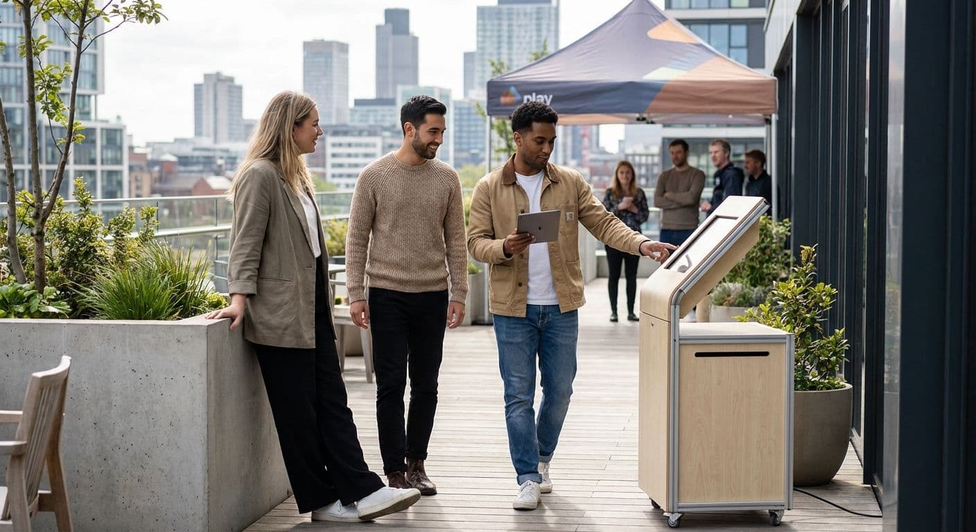 Colleagues networking on a rooftop event space with a city skyline, featuring an interactive kiosk.