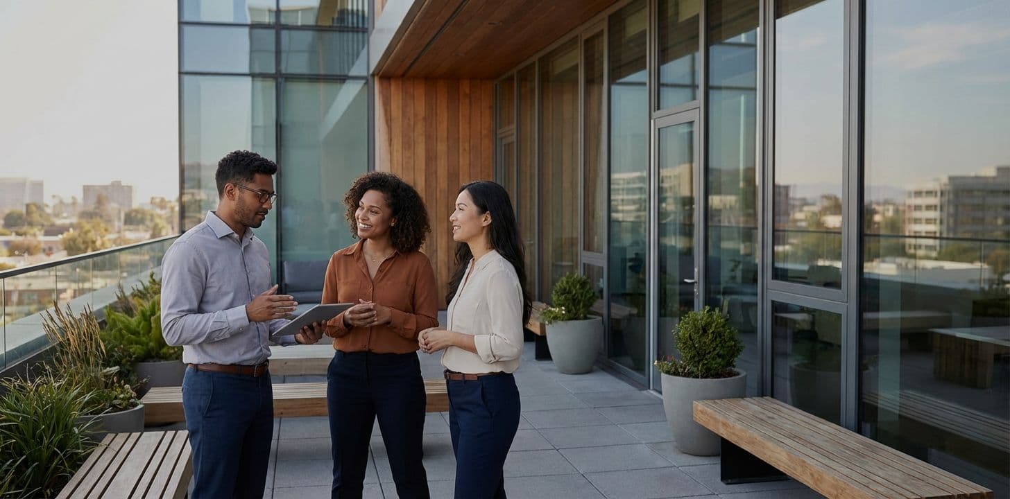 Three business professionals discuss on a modern rooftop terrace