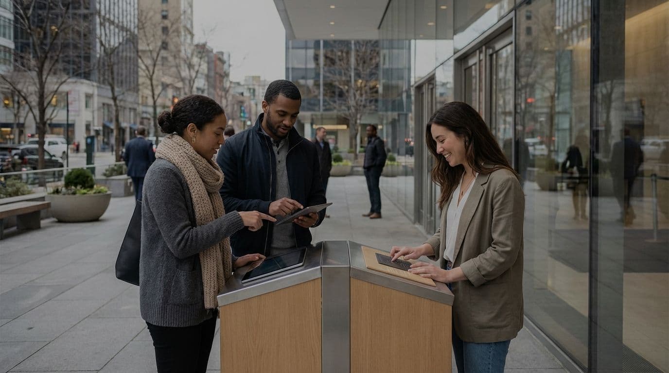 Business professionals interact with digital registration kiosks at a modern corporate event venue entrance.