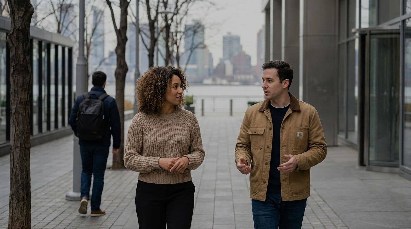 Two colleagues walk and talk on an outdoor waterfront path with a city skyline in the background.
