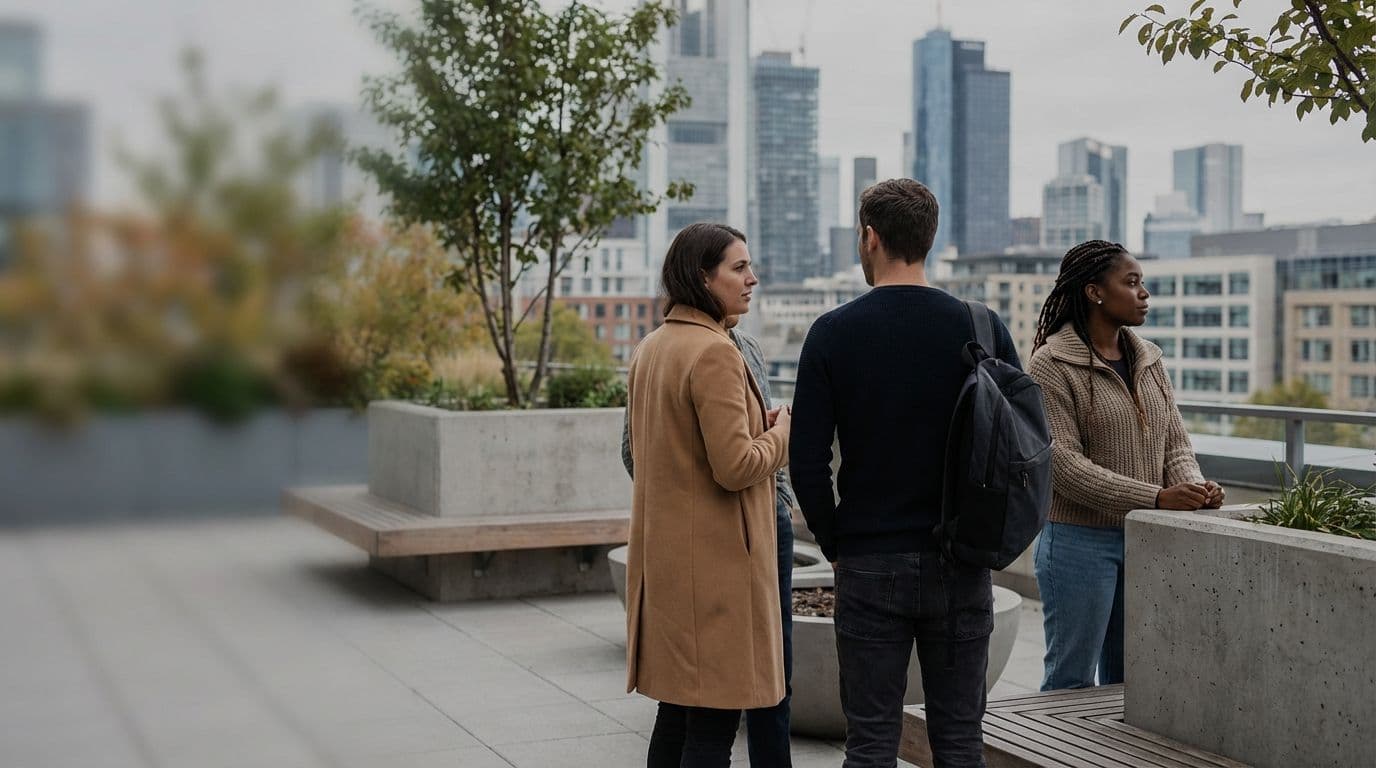 Three professionals on a modern rooftop terrace with a city skyline, ideal for a corporate networking event.