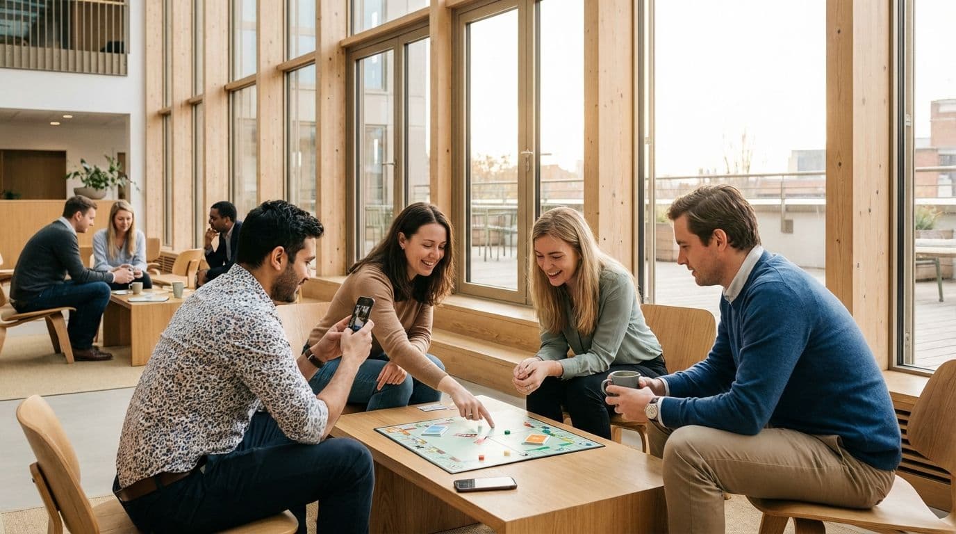 Four colleagues play a board game in a bright, modern corporate event space with large windows.