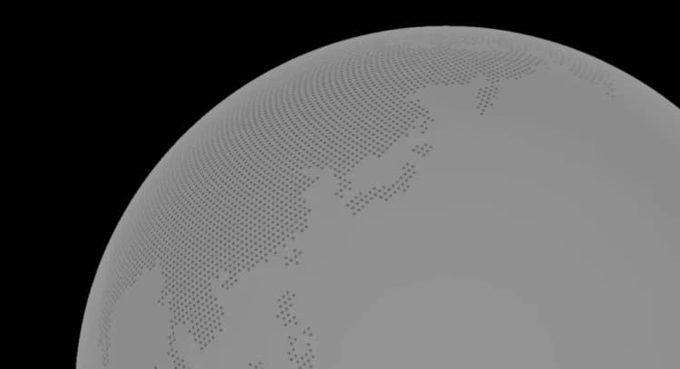 Pixelated dotted world map showing Asia and surrounding continents on globe
