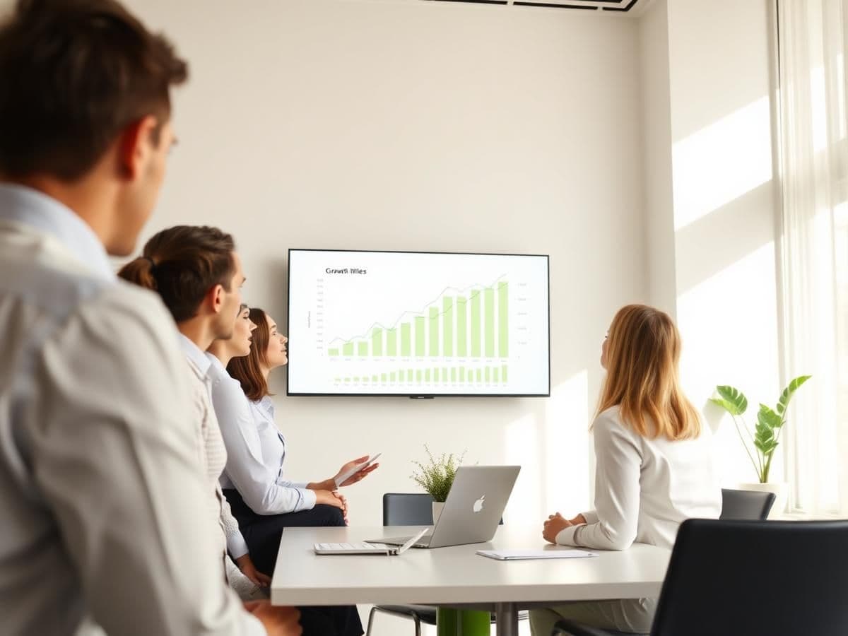 Finance and procurement team reviewing an event spend growth chart in a meeting room