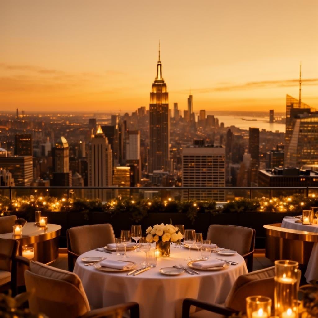 Rooftop private dining room in New York City overlooking the skyline at sunset, ready for a corporate dinner.