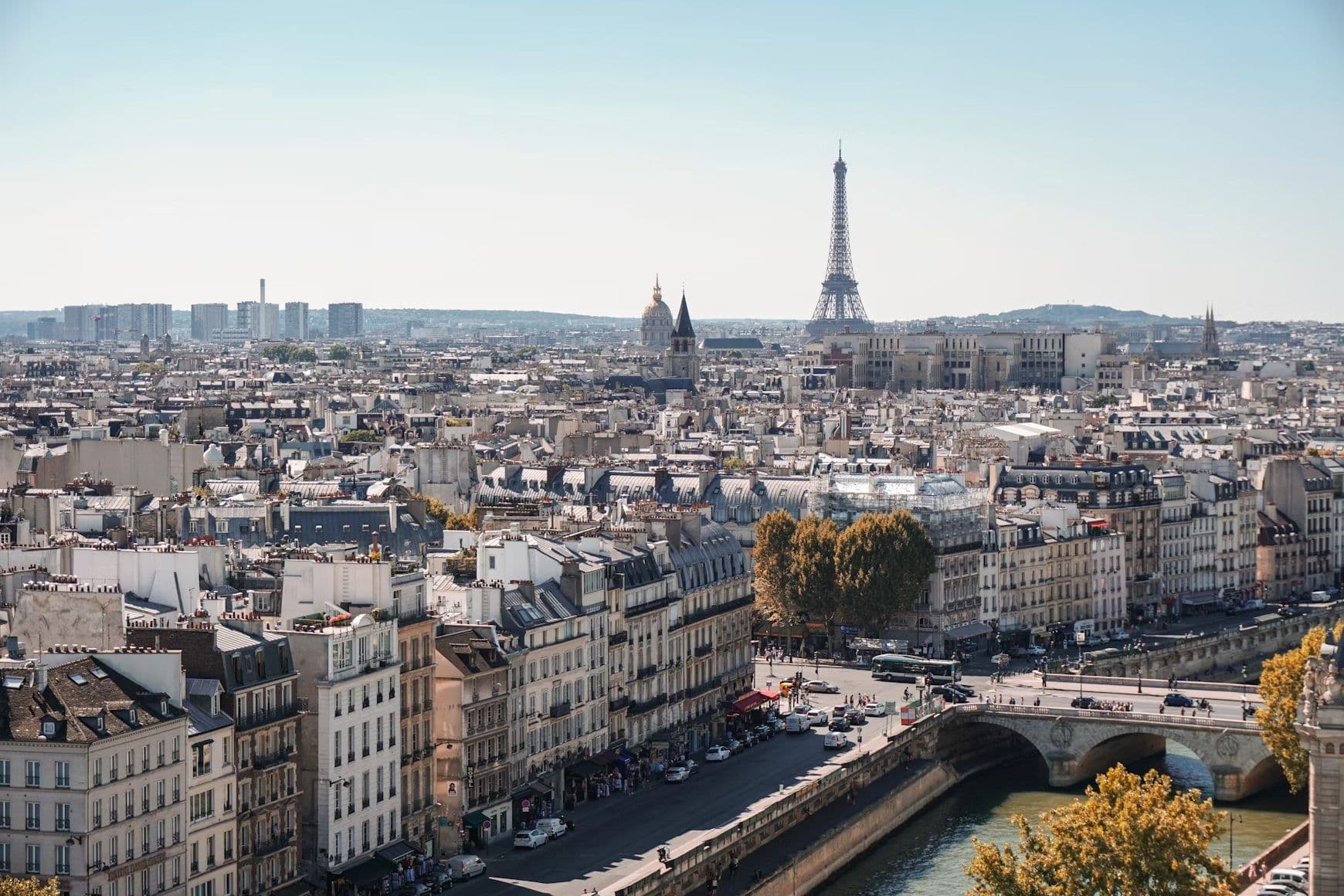 Stunning panoramic view of Paris, France, showcasing the Eiffel Tower and historic cityscapes.