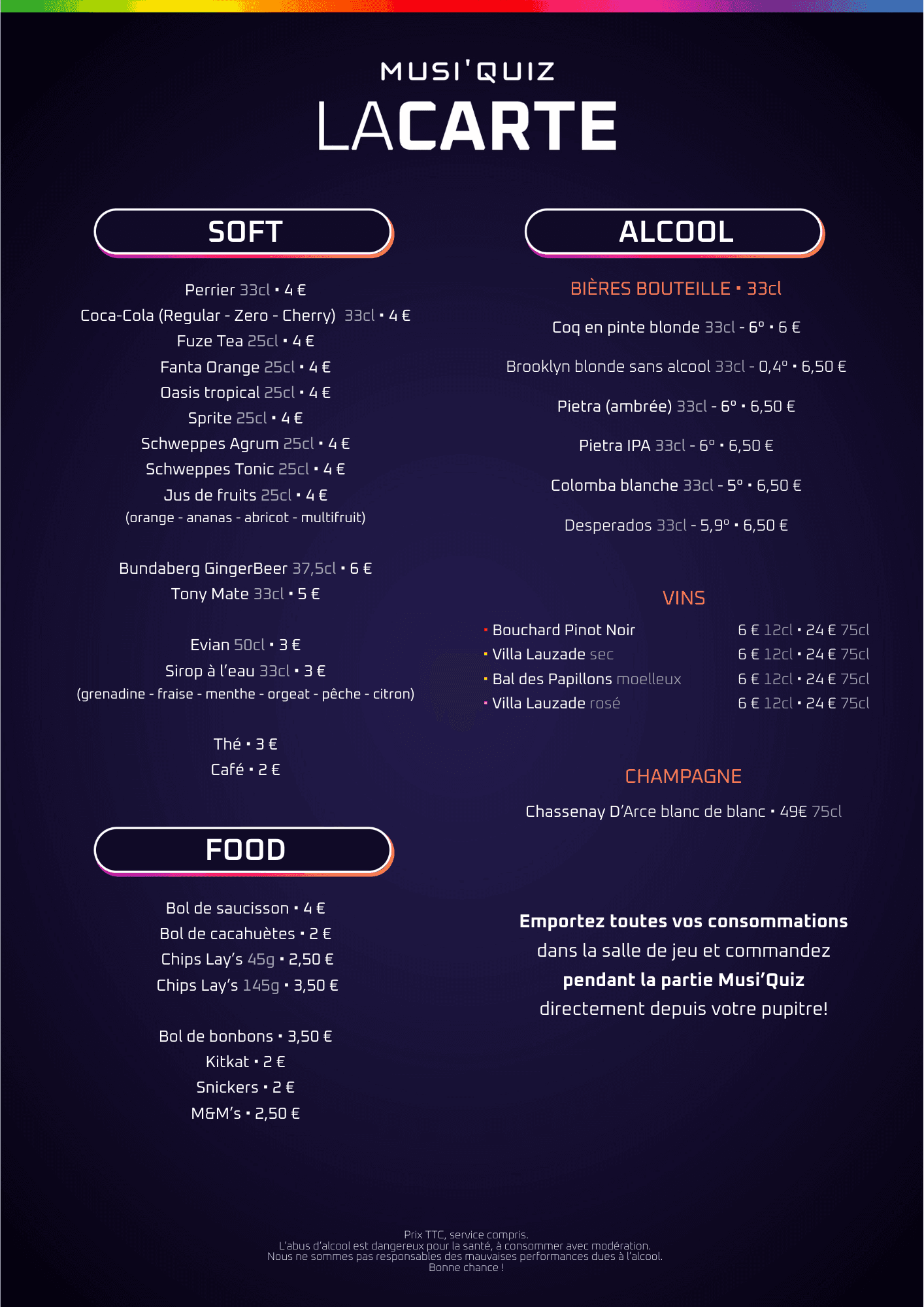 Notre carte des boissons et snacks